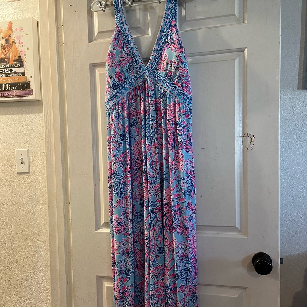 Lilly Pulitzer Pink and Blue Maxi Dress with Halter Neck